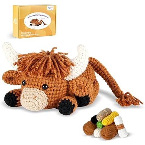 MOREJMTT Crochet kit for Beginners Adults, Learn to Crochet, Include Easy Knitting Soft Yarn, Step-by-Step Video Tutorial, Hook, Holiday Birthday Gift (Highland Cow)
