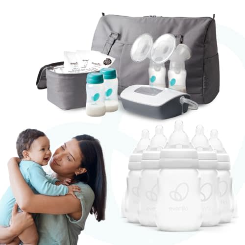 Bundle of Evenflo Deluxe Advanced Double Electric Breast Pump + Evenflo Feeding Premium Proflo Venting Balance Plus Standard Neck Baby, Newborn and Infant Bottles - 4 Ounce (Pack of 6)