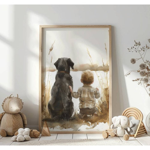 Labrador Retriever nursery print, Boy and Dog  print, Watercolor Black Labrador, Toddler room decor,Dog nursery wall art, Black labrador art
