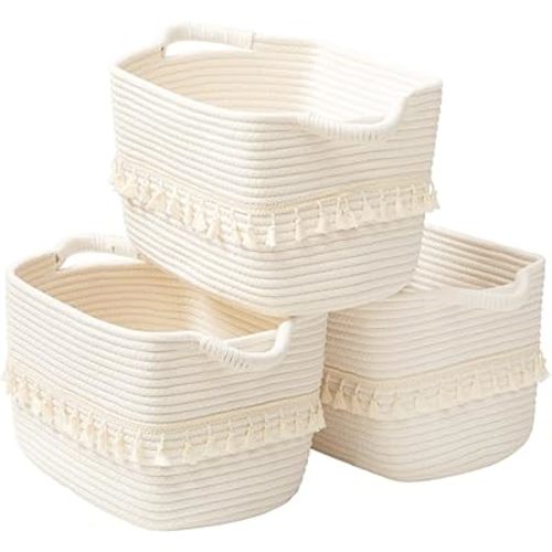 TeoKJ White Cotton Rope Baskets for Storage, Set of 3 Woven Clothes Basket for Organizing and Storage, Blanket Basket for Living Room Laundry Bathroom Shelves