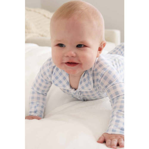 Peter Pan Collar Zipper Footie in Dusty Blue Gingham | Caden Lane