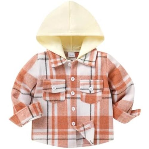 YOUNGER STAR Toddler Kids Boys Girls Flannel Hooded Plaid Shirt Button Baby Red Clothes