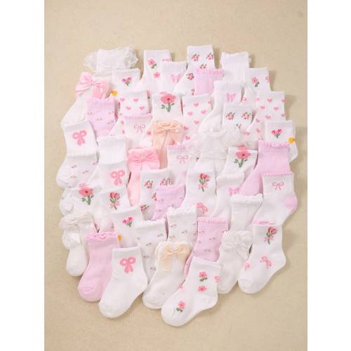 24/12/6 Pairs Pink & White Baby Socks With Bow & Lace, 0-36 Months Princess Style Socks For Baby Girls, Hollow Design Matching Mary Jane Shoes, Super Soft Elastic Breathable Daily Socks, Suitable For Spring & Summer, Baby Socks, Girls Socks, Princess Sock