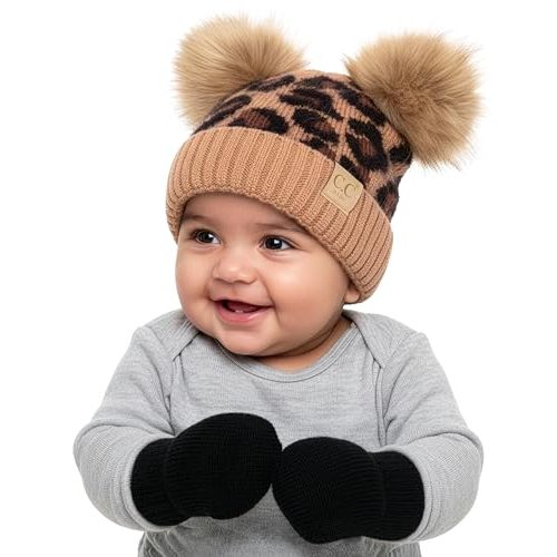 Funky Junque Baby Double Faux Fur Pom Pom Beanie & Mittens Set – Newborn Infant 0–9 Months Winter Hat with Soft Lined Mittens