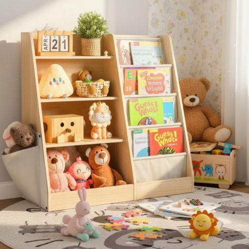 AZL1 Life Concept 4 Tier Kid Wooden Bookshelf, Baby Toddler Toy Storage Bookcase for Kids Room Playroom Nursery Classroom, Beige, 32.6"*29.5"*15.7"