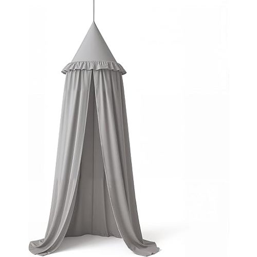 Wonder Space Kids Bed Canopy with Ruffles, Lace Frilled Cotton Tent Net, Pastel Neutral Colors for Boys & Girls, Nursery Room Baby Crib Hanging Curtain Mosquito Net Children Reading Nook Decor (Grey)