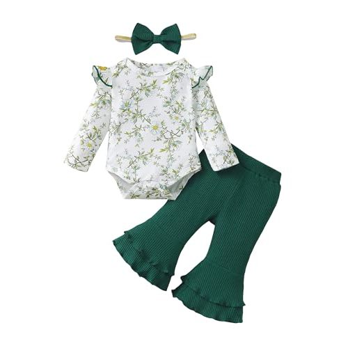 SUNNY PIGGY Baby Girl Clothes Newborn Infant Outfits Ruffle Long Sleeve Romper Pants Set with Headband