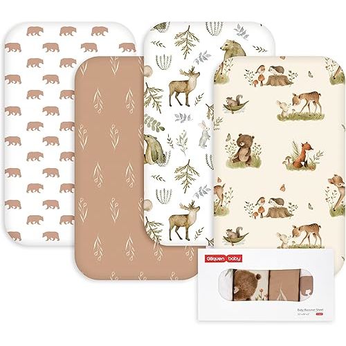 Gllquen Baby Bedside Sleeper Sheets 33x20 Inch 4 Pack - Fitted Crib Mattress Covers, Ultra Soft Oeko-TEX Certified Bassinet Sheets for Girls Boys, Gift Ready Box for Baby Shower (Bear)