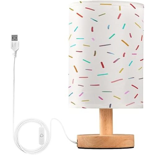 Colorful Sprinkles Bedside Table Lamp for Bedroom Nightstand, Small Eye Care LED Desk Reading Lamp USB Port Wood Base Round Flaxen Fabric Shade for Kids Room Living Room Office Desk