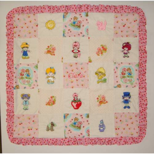 Strawberry Shortcake Baby Quilt - Custom Embroidered Baby Quilt - Size 32 x 32 - Strawberry Shortcake Baby Bedding