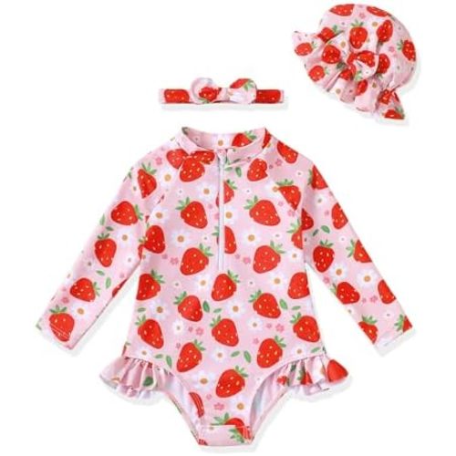 Baby Girl Swimsuit Summer One-Piece Infant Bathing Suit with Hat Long Sleeve Ruffle Zipper Rash Guard Beach Swimwear