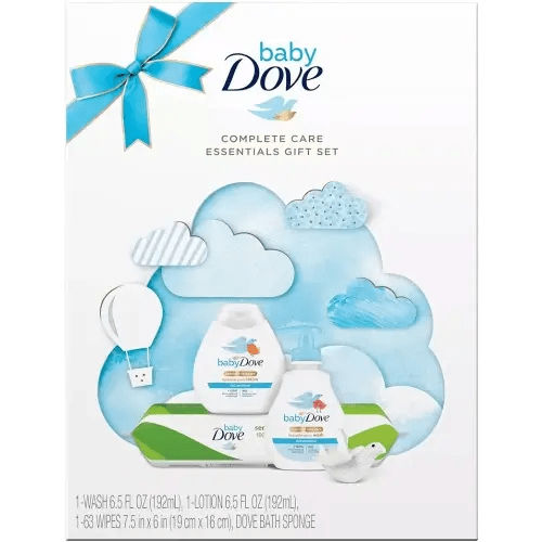 Baby Dove Complete Care Essentials Gift Set - Baby Gift Set with a Dove Baby Body Wash, a Dove Baby Lotion, a Pack of Dove Baby Wipes, and a Dove-Shaped Baby Bath Sponge (4 Piece Set)