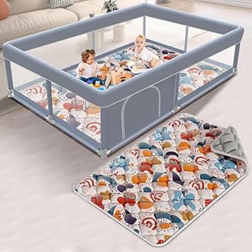 65 x 50 Inch Baby Playpen with Mat, Playpen for Babies and Toddlers, Baby Play Pen Playard for Indoor & Outdoor Active Center Game Fence, Skin-Friendly Fabric and Soft Breathable Mesh, Grey