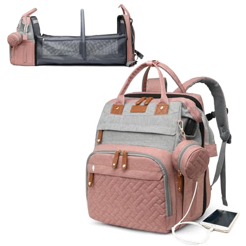 Astro alan Baby Diaper Bags with Changing Station, Waterproof Diaper Bag Backpack for Moms Dads with USB Charging Port, Baby Shower Gifts, Large Capacity diaper backpack, Grey Pink