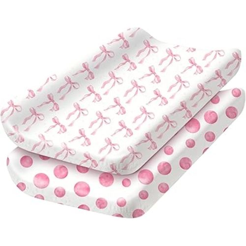 2 Pack Baby Changing Pad Covers, Changing Table Cover for Girls, Pink Bow Changing Pad Covers 32'' x 16'' Safe Snug Fitted Diaper Table Sheet Fits Standard Changing Tables and Dressers(Bassinet)