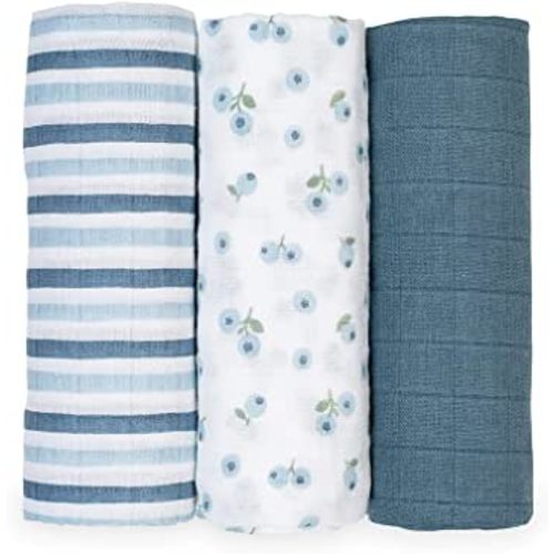 lulujo Baby Swaddle Blanket| Unisex Softest 100% Cotton Receiving Blanket| Set of 3| Blueberries
