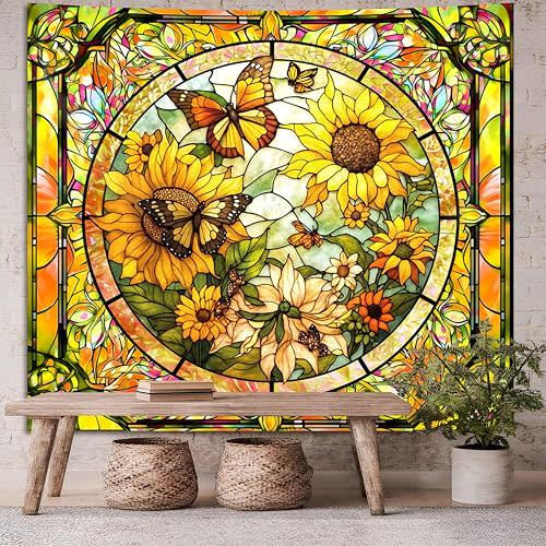 TVTLTVT Sunflower Tapestry Aesthetic Sun Spiritual Tapestries Aesthetic Vintage Stained Glass Butterfly Flower Tapestries for Bedroom Living Room Home Decor (60" x 51")