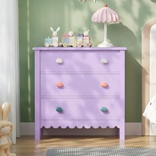 3 Drawer Dresser for Bedroom, 27” Scalloped Small Purple Dresser for Girls