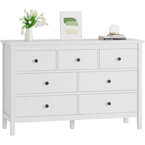 CARPETNAL White Dresser for Bedroom, 7 Drawer Dresser with Wide Drawers and Metal Handles, Wood Dressers & Chests of Drawers for Hallyway, Entryway