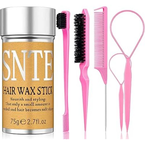 6Pcs Hair Wax Stick Set for Flyaways, Topsy Tail Hair Tools for Women, Teen Girls & Kids, Slick Back Hair Brush, Bun Accessories, Non-greasy Styling Tools Slick Stick, 2.7 Oz