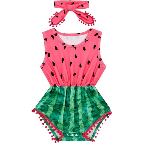 Ahegao 0-24 Months Baby Floral Romper Toddlers Outfits Infant Playsuits + Headband Jumpsuit - A7 Pink Green - 18-24 Months