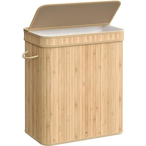 SONGMICS Laundry Hamper with Lid, Bamboo Laundry Basket, Removable Machine Washable Laundry Basket, with Handles, 26.4-Gallons, for Laundry Room, Bedroom, Bathroom, Natural Beige ULCB063N01