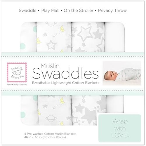 SwaddleDesigns Muslin Swaddle Blanket, Goodnight Starshine (Set of 4 in Sterling)