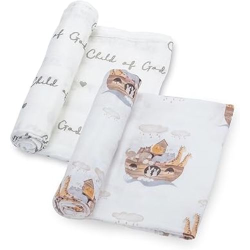 LollyBanks Muslin Swaddle Blankets 2PACK, 100% Cotton Baby Blanket 47 x 47 Inches, Large Baby Swaddle Breathable, Muslin Blankets for Boys and Girls (Child of God and Noah's Ark Print)
