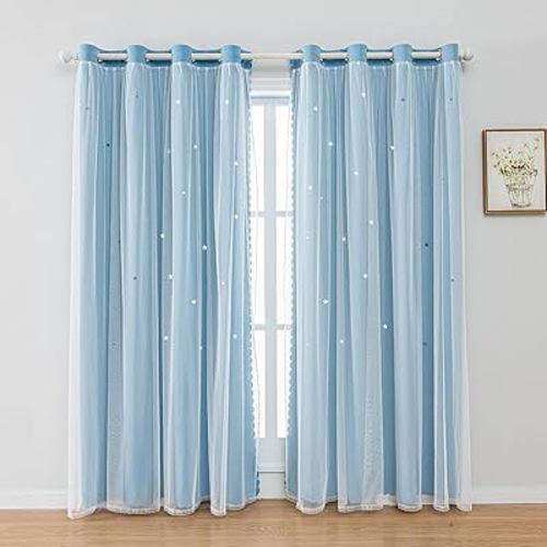 FANLI 2 Panels Star Blackout Curtains for Kid Girls Bedroom Living Room Darking Stripe Double Layer Star Cut Out Wall Home Decor Gradient Grommet Window Curtains (Blue 72L)