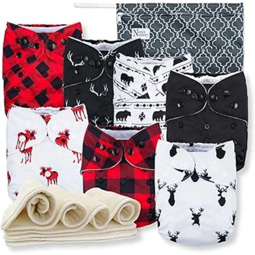 Nora's Nursery Cloth Diapers 7 Pack with 7 Inserts & 1 Wet Bag - Waterproof Cover, Washable, Reusable & One Size Adjustable Pocket Diapers for Newborns and Toddlers - Buffalo Plaid