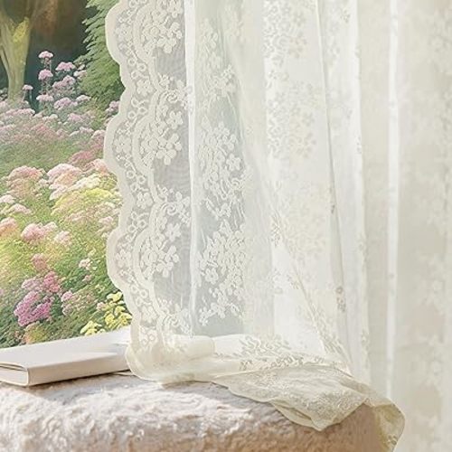 Anmao Vintage Lace Curtains 90 Inches Long 2 Panels Set, Romantic Elegant Light Filtering Semi Sheer Floral Thick Lacy Curtain Drapes for Living Room and Bedroom, Each Panel 55W x 90L, Ivory White
