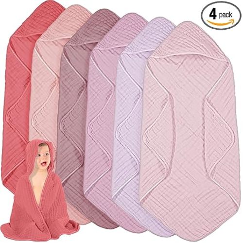 Peryiter 4 Pcs Baby Towels Cotton Muslin Hooded Baby Towels for Newborn Infant Toddler Large 32 x 32 Inch Soft Absorbent Blankets Bath Essentials Registry Gifts for Girl Boy (Purple Series)