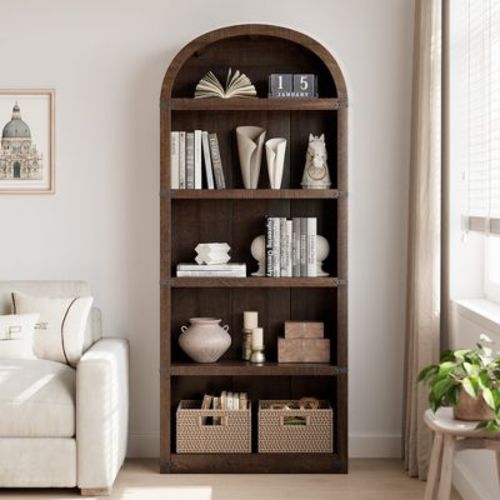 Arched 5-Shelf Bookcase Cabinet – Tall Wooden Bookshelf with Doors – Vintage Farmhouse Display Storage for Home Office or Living Room