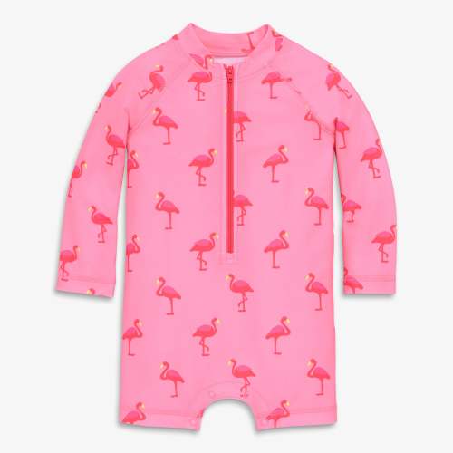 The baby one-piece rash guard - Pink lemonade flamingos / 12-18