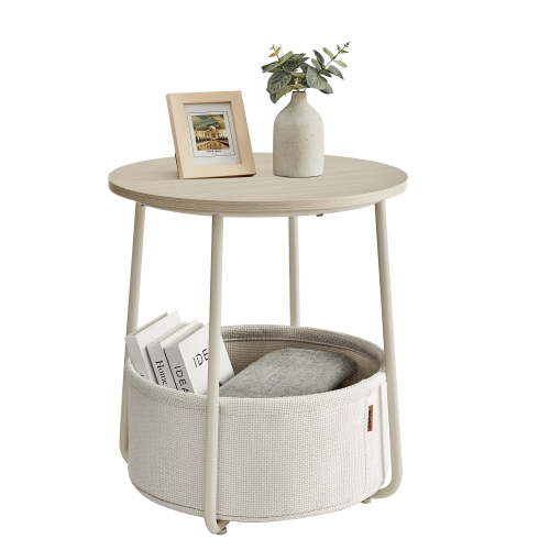 VASAGLE, Modern Round Nightstand with Storage Basket, Cream White