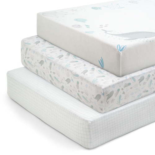 Delta Children Fitted Crib Sheets for Girls and Boys - 100% Organic Cotton Crib Sheet for Standard Crib and Toddler Mattresses - 28x52 Inch - GOTS Certified (Pack of 3), Sea Life