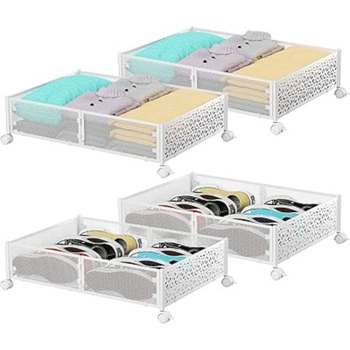 PHINOX Under Bed Storage, Under the Bed Storage Containers with Wheels, Under Bed Shoe Storage Organizer Drawer for Bedroom Clothes Shoes Blankets -4Pack