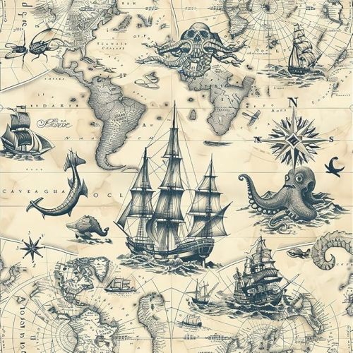 Vintage Yellow Sailing Boat Voyage Octopus Map Peel and Stick Wallpaper Wall Decor Self Adhesive Wall Paper Stick on Easy Peel Off Contact for Renter Apartment
