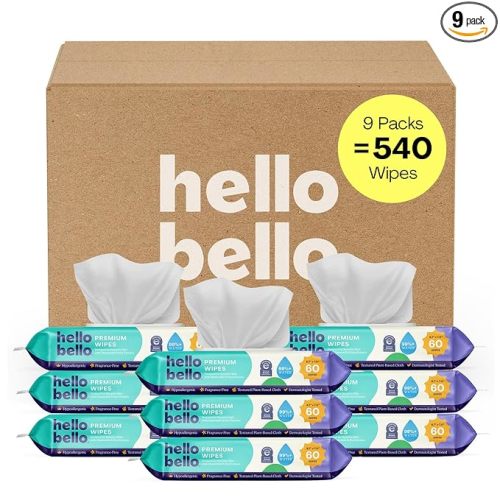 Hello Bello Premium Fragrance-Free Baby Wipes, with Chamomile & Aloe Extracts for Sensitive Skin - 9 Resealable Packs = 540 Total Wipes