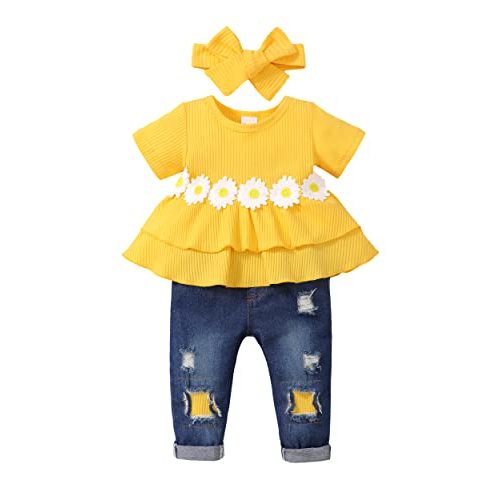 XUANHAO Baby Girl Clothes 12 18 24 Months Outfits For Infant Toddler Denim Girls' Clothing Ruffle Top Ripped Jeans Pant Sets