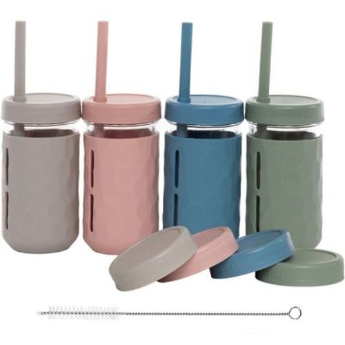 WeeSprout Glass Cups with Lids & Straws, Spill-Resistant Cups for Toddlers & Kids, Set of 4