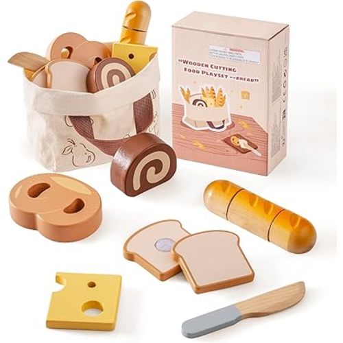 ROBOTIME Wooden Play Food Cutting Bread Set, Pretend Play Toy Food for Play Kitchen with Shopping Bag – Kids Kitchen Accessories, Wooden Bread Toys for Boys & Girls