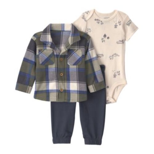 Baby Boys' Plaid Fleece Long-Sleeve Shirt, Bodysuit and Pants, 3-Piece Set; 3 months