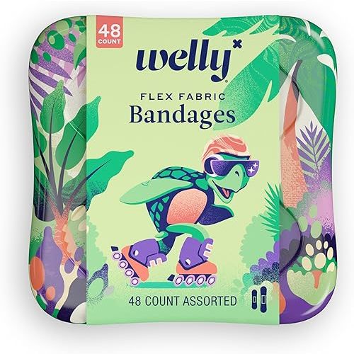 Welly Bandages | Adhesive Flexible Fabric Bravery Badges | Assorted Shapes for Minor Cuts, Scrapes, and Wounds | Colorful and Fun First Aid Tin | Turtle Oasis Patterns - 48 Count