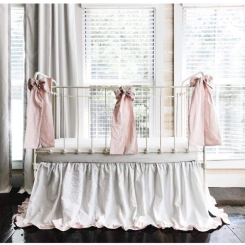 White and Baby Pink Ruffled Crib Skirt and Bows | High Cotton Textile