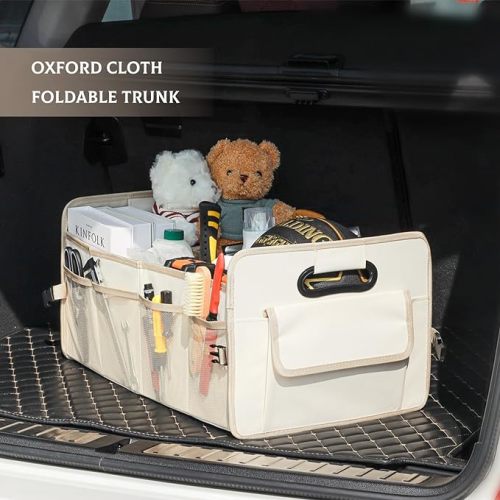 JiatuA Car Trunk Organizer, Car Organizers and Storage Collapsible Multi Compartment Container Box, Adjustable Car Accessories for SUV Sedan Truck, Standard Size, Beige