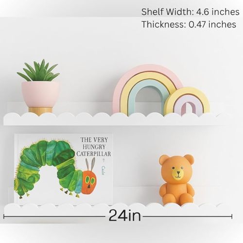 Scalloped Shelves - Set of 4 Pre-Assembled 24inch White Floating Nursery Book Shelves, Scalloped Book Shelf for Kids Rooms - Kids Wall Bookshelf, Nursery Decor, Floating Shelves