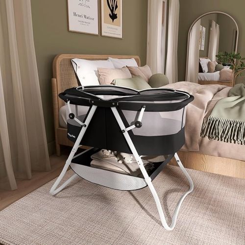 Dream On Me Karley Bassinet, Award Winner Lightweight Travel Baby Bassinet, Foldable Bedside Sleeper, Adjustable Double Canopy, Spacious Design, Soft Fabric, Storage Basket – Black