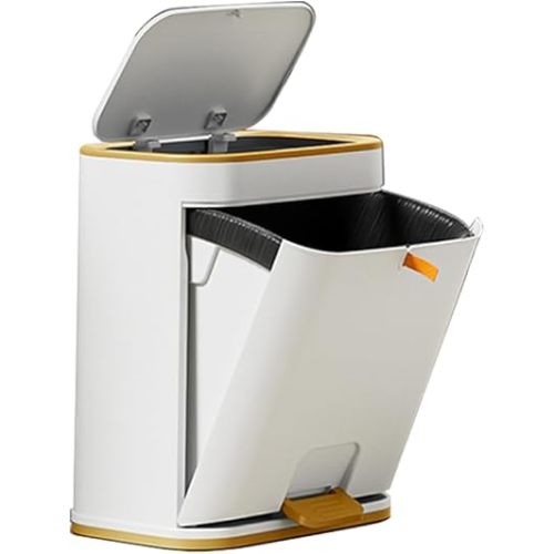 Bathroom Trash Can with Lid, Plastic 3 Gallon Garbage can with Press top Lid Gold Step Pedal Trash can, Narrow White Trash bin for Bathroom, Bedroom, Restroom, Living Room, Office, Dog Proof Trash Can