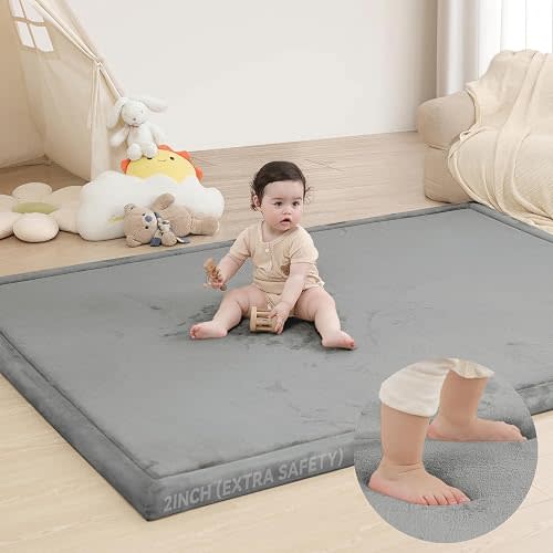 Huloo Sleep 2" Extra Thick Baby Play Mat for Floor,Ultra Soft Elasti Foam Mat for Tummy Time & Crawling,Playpen,Non Slip Nursery Rug for Toddlers,Infants,kids,Tatami Style for Yoga,Playroom(Dark Gray)